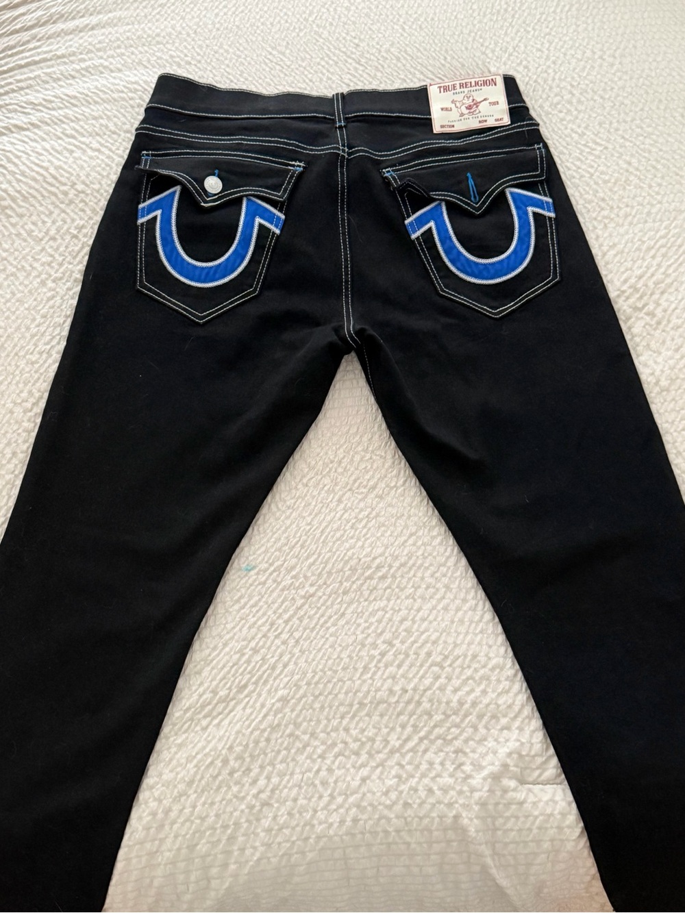 True Religion Black Jeans with Blue Pocket Arcs